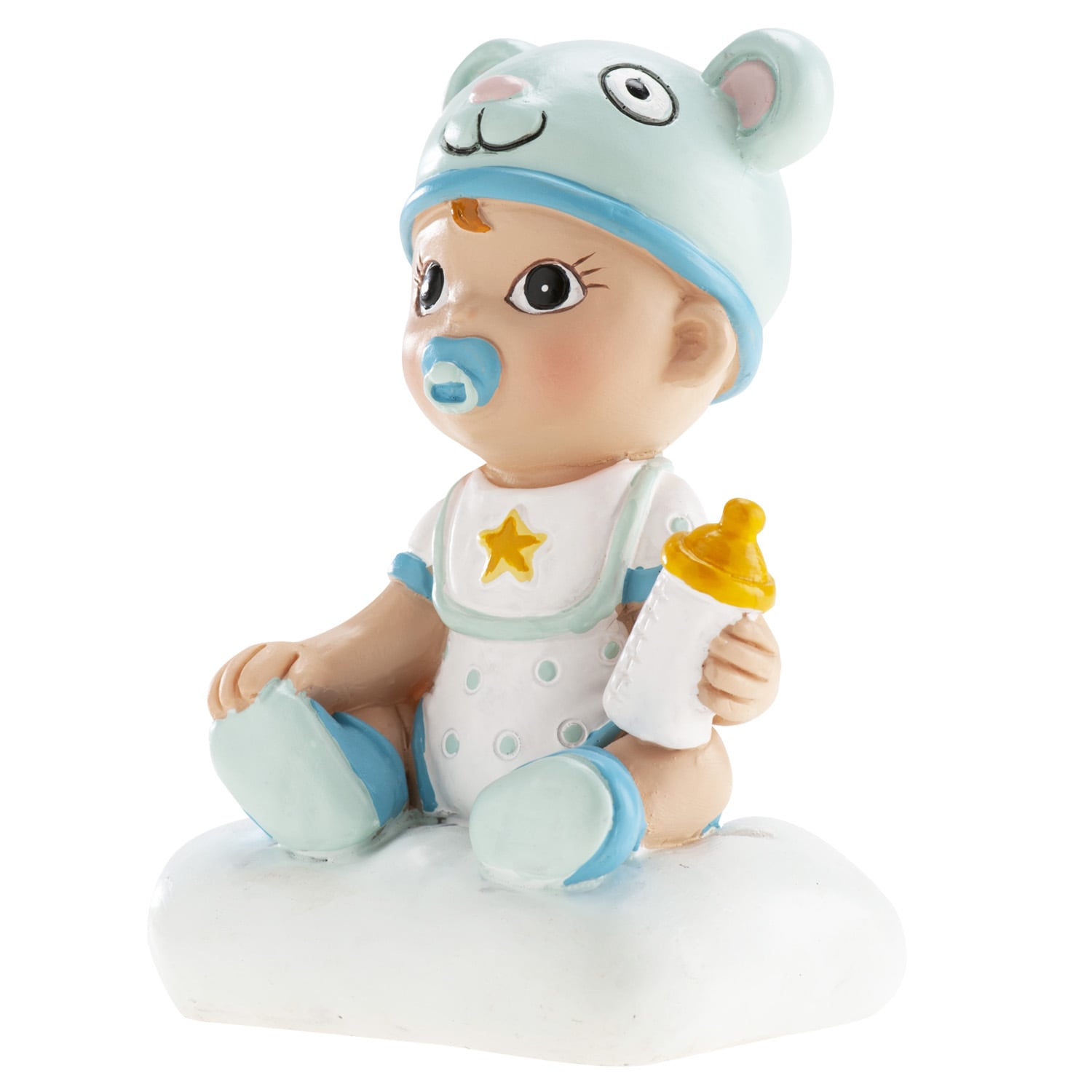 Tårtdekoration - Baby i blått med nappflaska 9 cm