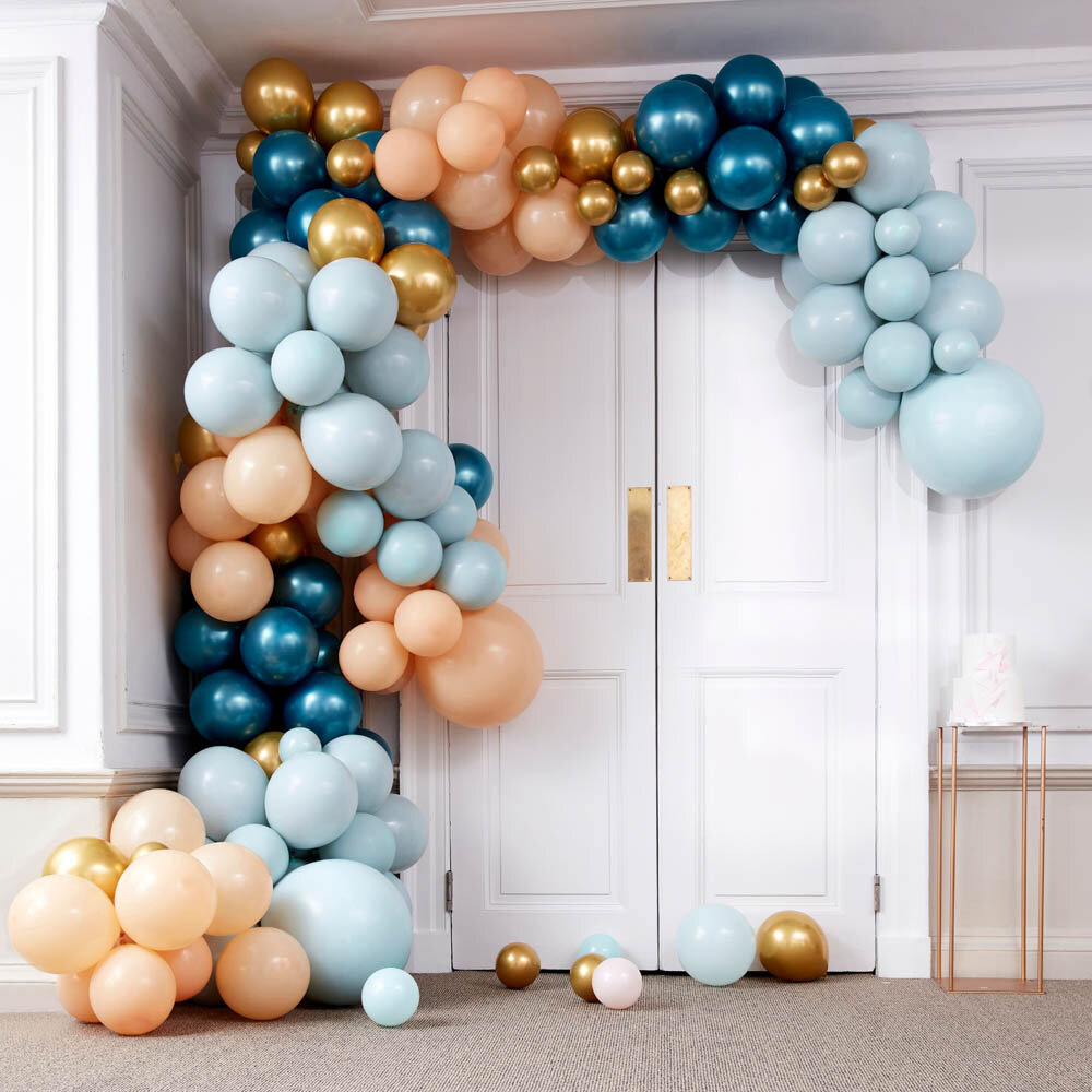 DIY Ballongbåge Deluxe - Blågrön, Persika och Guld Chrome  