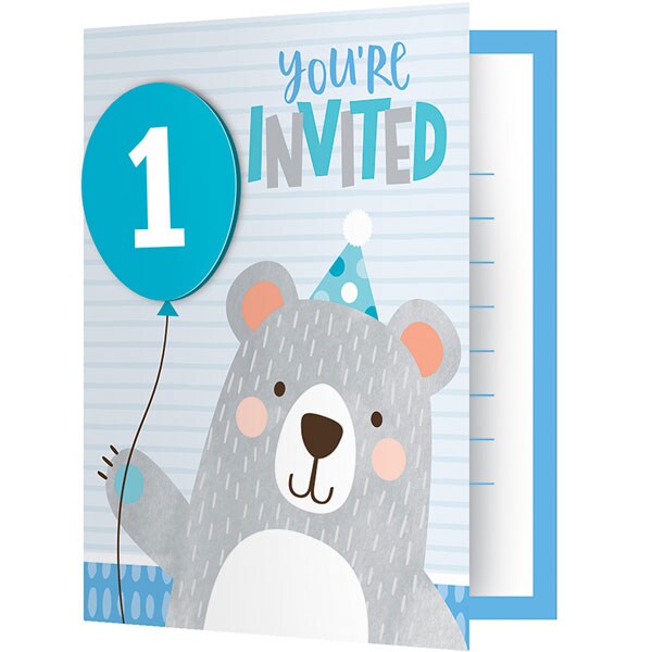 Birthday Bear, Inbjudningskort 1 års-kalas 8-pack
