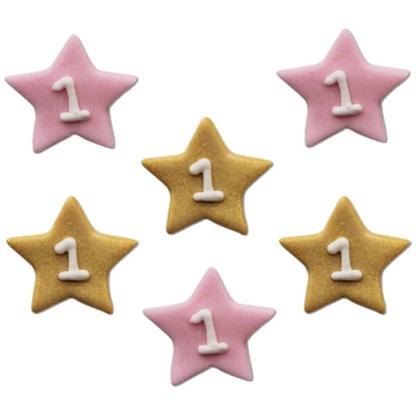 Sockerdekorationer 1 år rosa/guld 6-pack