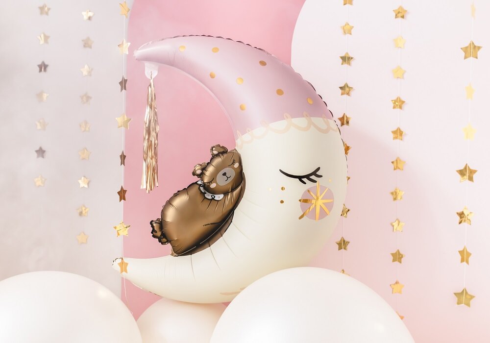Folieballong - Halvmåne med teddybjörn rosa 80 x 98 cm