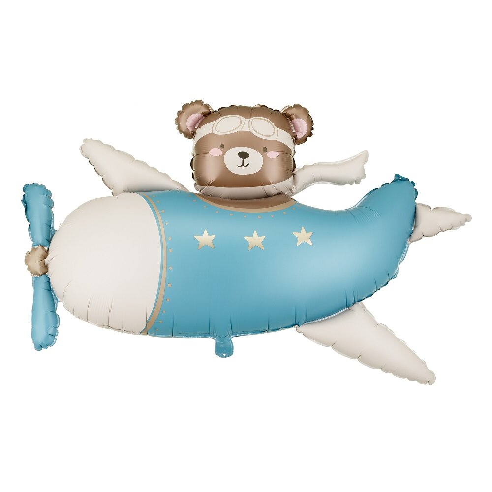 Folieballong Teddybjörn i blått flygplan 94 cm