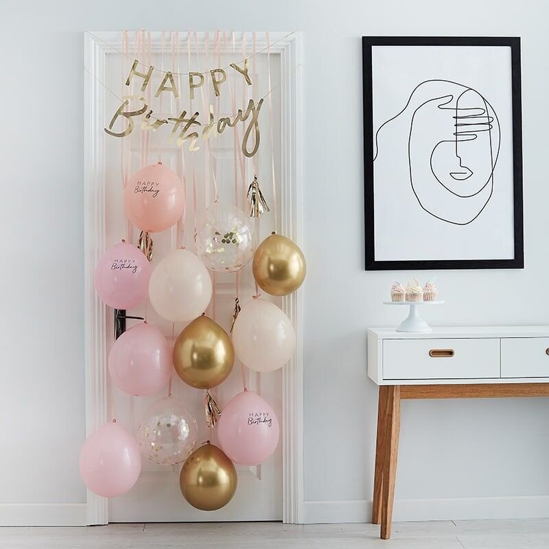 Ballongset till dörr - Happy Birthday rosa