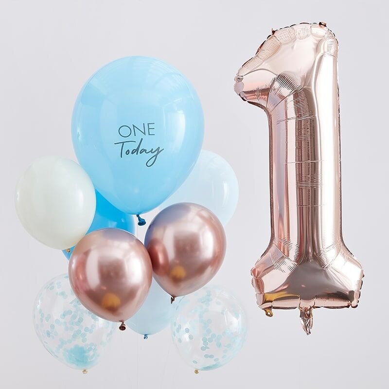 Ballongbukett 1 år - Blå/Roséguld