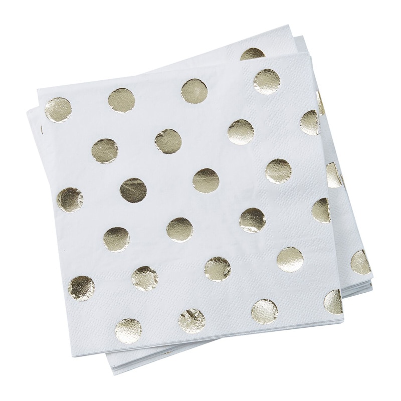 Servetter med prickar av guldfolie 20-pack (vita)