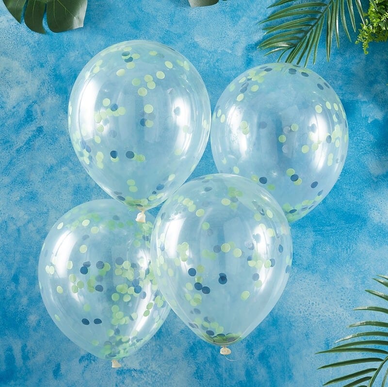 Ballonger med grön och blå konfetti 5-pack