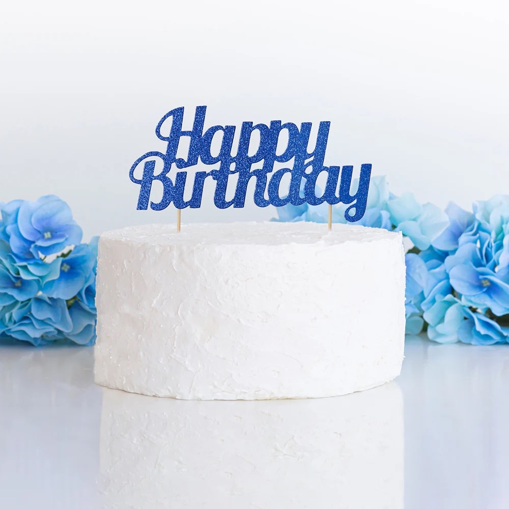 Tårtdekoration Happy Birthday - Blå glittrig