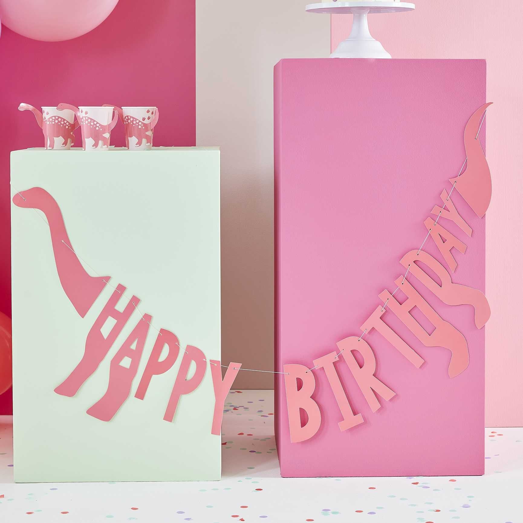 Dinosaur Roar Pink, Girlang Happy Birthday 137 cm