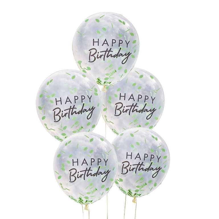 Ballonger - Happy Birthday med lövkonfetti 5-pack